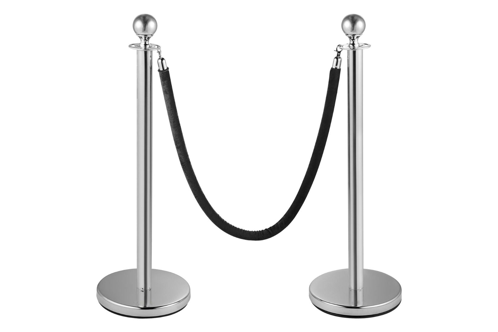 Two chrome  stanchions with a black velvet rope