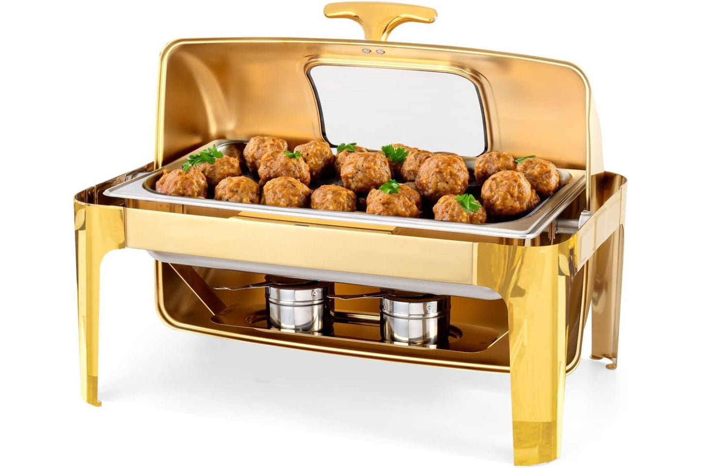 Elegant high-end gold chafing dish used to keep meatballs warm