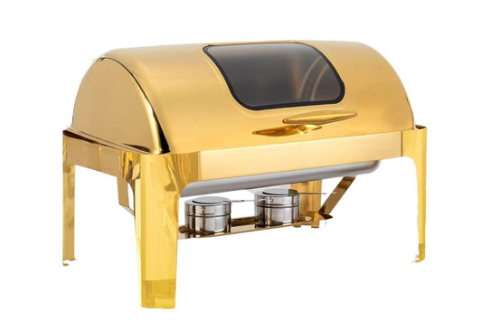 Fancy gold chafing dish warmer with window and sternos