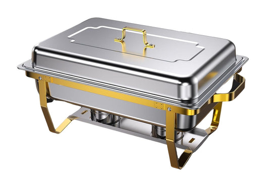 High-end looking sterno chafing dish in stainless steel with gold accent color