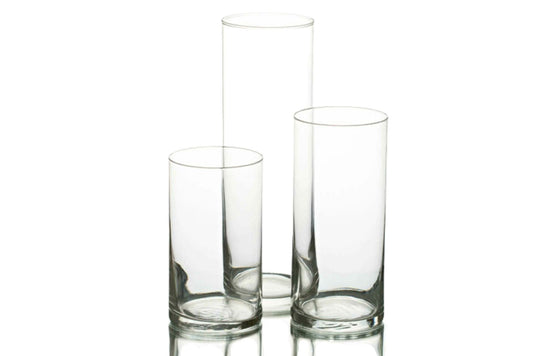 Three piece glass cylinders for rent in Maryland. Perfect for floating candles table centerpieces.