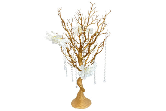 Gold manzanita tree rental. Tree is accented with white dahlia flowers.