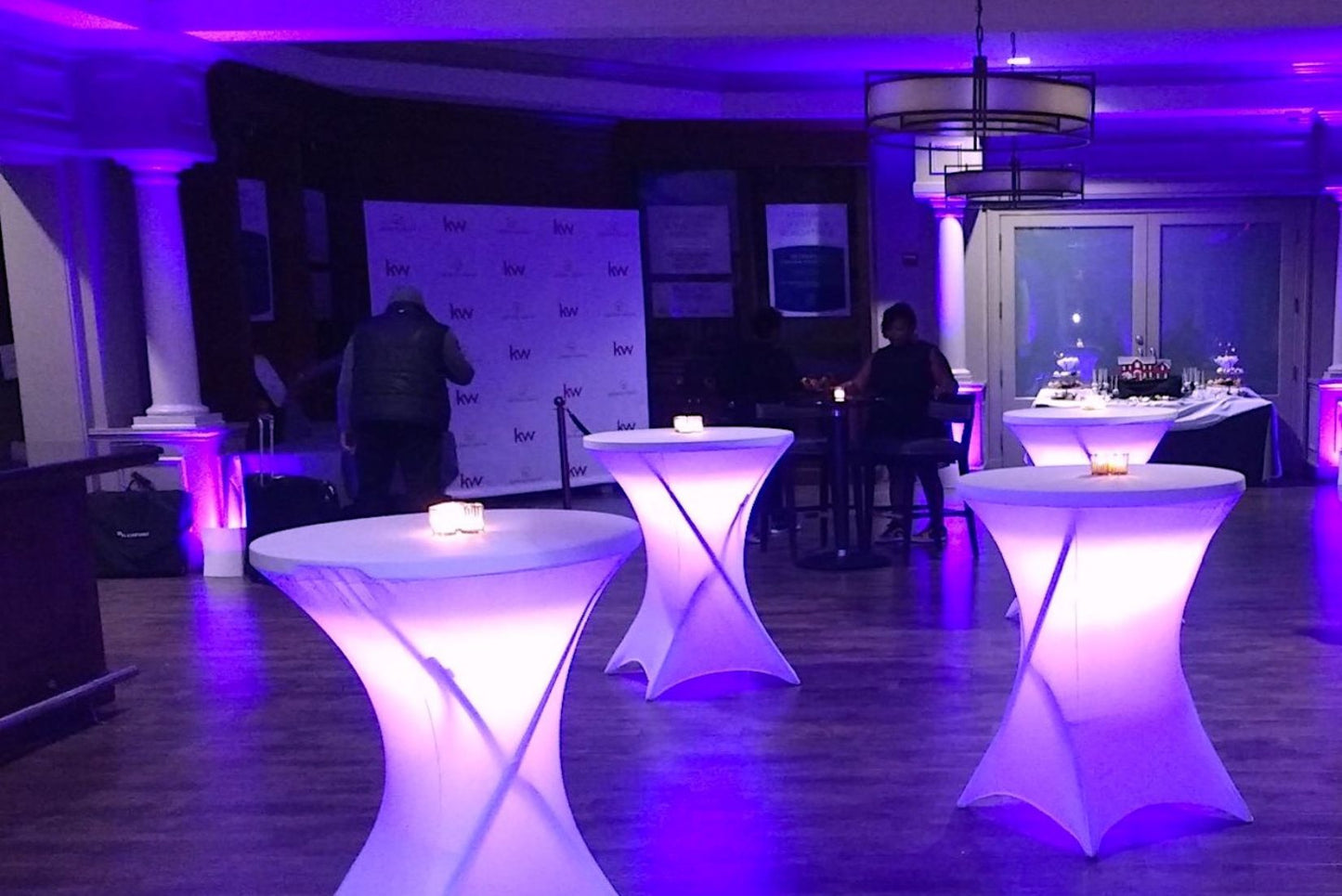 LED pub table with spandex cover and purple lights. Highboy table is for rent in Upper Marlboro, MD