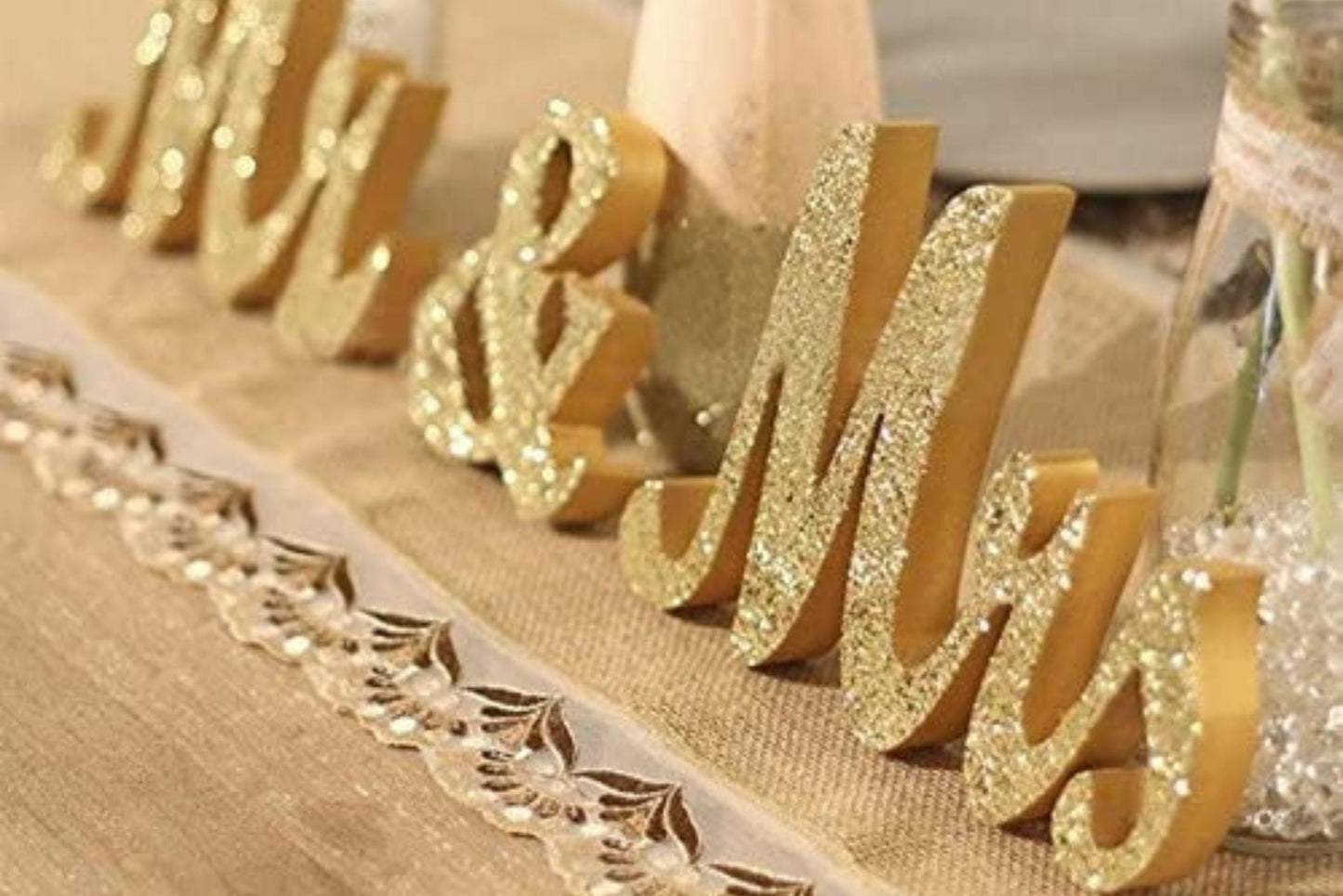 mr and mrs gold glitter table decoration rental