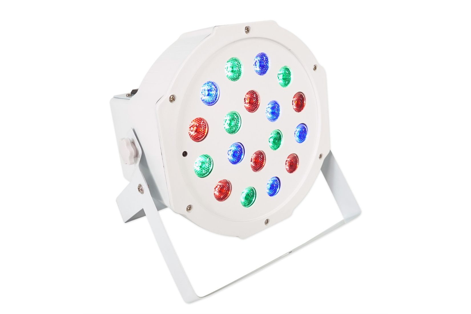 White uplighting fixture for rent. Lights can be programmed to match your room decor.