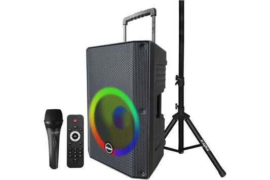 Portable speaker with tri pod stand, microphone and remote. Has USB connectivity and wireless bluetooth abilities.