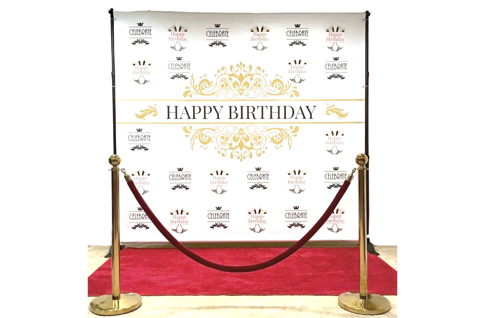 Happy birthday step and repeat banner. Rental set comes with banner, poles, red carpet, brass stanchions and velvet rope.